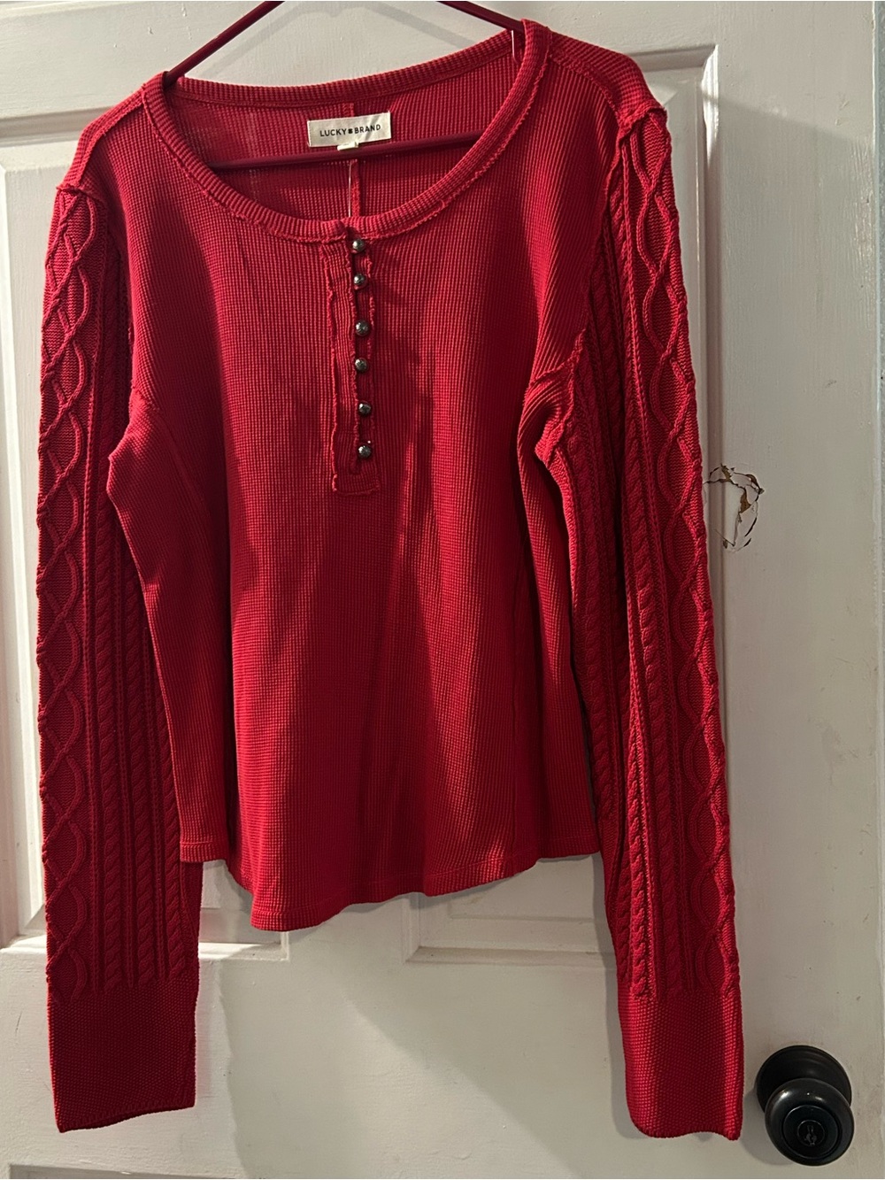 Lucky Brand Red Cable-Sleeve Henley Long Sleeve Top